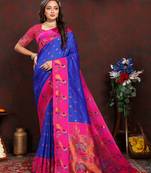 Lookslady Womens New Paithani Silk Royal Blue Zari Weaving Saree With Contrast Blouse | Sarees For Womens