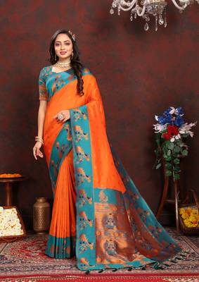 Lookslady Womens New Paithani Silk Orange Color Zari Weaving Saree With Contrast Blouse | Sarees For Womens 1