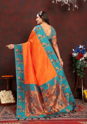Lookslady Womens New Paithani Silk Orange Color Zari Weaving Saree With Contrast Blouse | Sarees For Womens 2