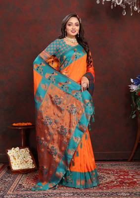 Lookslady Womens New Paithani Silk Orange Color Zari Weaving Saree With Contrast Blouse | Sarees For Womens 3