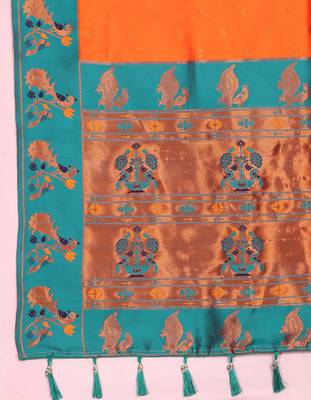 Lookslady Womens New Paithani Silk Orange Color Zari Weaving Saree With Contrast Blouse | Sarees For Womens 4