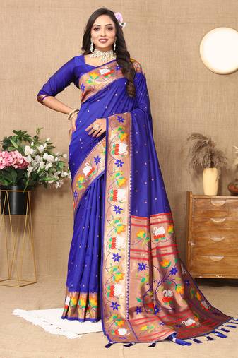Lookslady Womens New Paithani Silk Royal Blue Zari Weaving Saree With Unstitched Blouse | Sarees For Womens