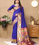 Lookslady Womens New Paithani Silk Royal Blue Zari Weaving Saree With Unstitched Blouse | Sarees For Womens