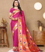 Lookslady Womens New Paithani Silk Rani Pink Zari Weaving Saree With Unstitched Blouse | Sarees For Womens