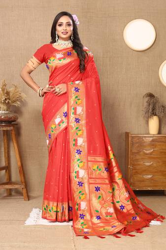 Lookslady Womens New Paithani Silk Red Color Zari Weaving Saree With Unstitched Blouse | Sarees For Womens