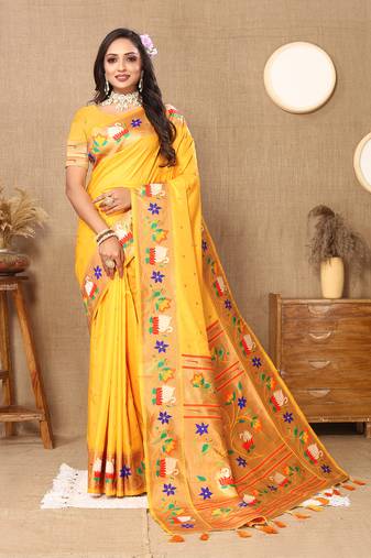 Lookslady Womens New Paithani Silk Yellow Color Zari Weaving Saree With Unstitched Blouse | Sarees For Womens