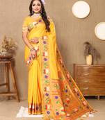 Lookslady Womens New Paithani Silk Yellow Color Zari Weaving Saree With Unstitched Blouse | Sarees For Womens