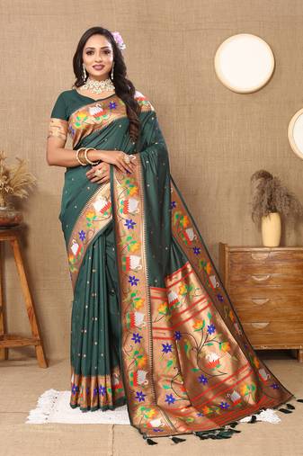 Lookslady Womens New Paithani Silk Bottle Green Zari Weaving Saree With Unstitched Blouse | Sarees For Womens
