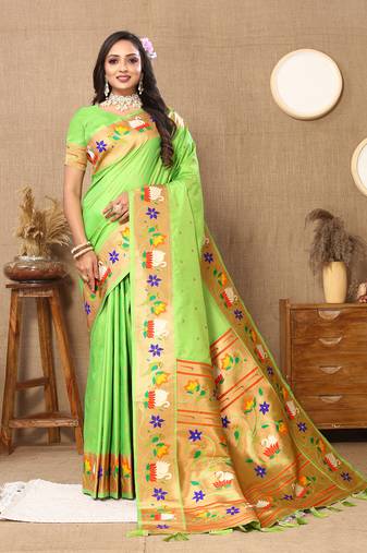 Lookslady Womens New Paithani Silk Parrot Green Zari Weaving Saree With Unstitched Blouse | Sarees For Womens