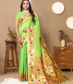 Lookslady Womens New Paithani Silk Parrot Green Zari Weaving Saree With Unstitched Blouse | Sarees For Womens