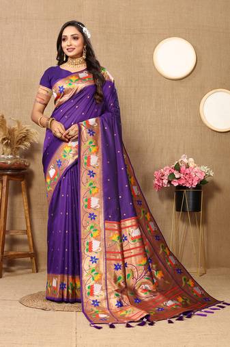 Lookslady Womens New Paithani Silk Purple Color Zari Weaving Saree With Unstitched Blouse | Sarees For Womens