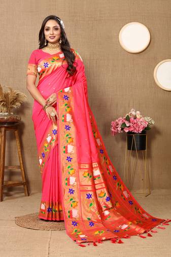 Lookslady Womens New Paithani Silk Peach Color Zari Weaving Saree With Unstitched Blouse | Sarees For Womens