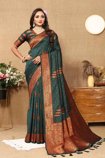 Lookslady Womens Soft Silk Bottle Green Copper Zari Weaving Saree With Unstitched Blouse | Sarees For Womens