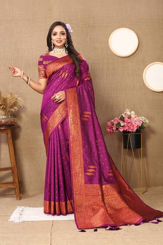 Lookslady Womens New Soft Silk Wine Color Copper Zari Weaving Saree With Unstitched Blouse | Sarees For Womens