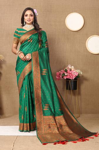 Lookslady Womens New Soft Silk Green Copper Zari Weaving Saree With Unstitched Blouse | Sarees For Womens