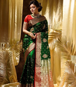 Green And Red Faux Banarasi Silk Saree With Blouse Piece.