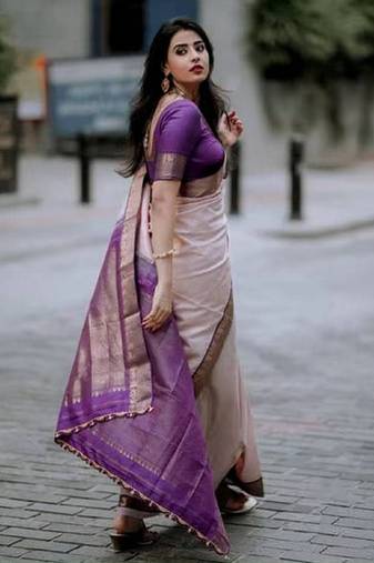 Purple And Violet Banarasi Silk Jacquard Saree With Blouse Piece.