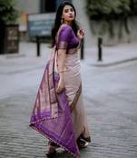 Purple And Violet Banarasi Silk Jacquard Saree With Blouse Piece.