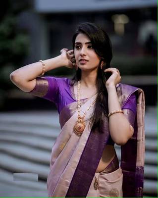 Purple And Violet Banarasi Silk Jacquard Saree With Blouse Piece. 2