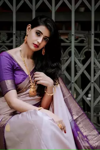 Purple And Violet Banarasi Silk Jacquard Saree With Blouse Piece.