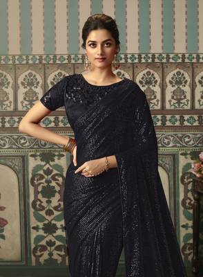 Black Designer Embroidered Georgette Sequin Saree With Blouse Fabric Of Satin And Net 2
