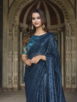 Rama Green Designer Georgette Sequin Saree With Blouse Fabric Of Satin And Net 2