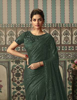Green Embroidered Designer Georgette Sequin Saree With Blouse Fabric Of Satin And Net 2