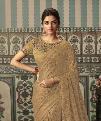 Golden Designer Embroidered Georgette Sequin Saree With Blouse Fabric Of Satin And Net 2