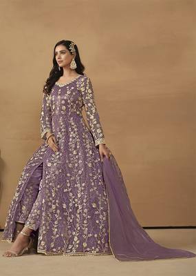 Net embroidered pant style suit in purple 2