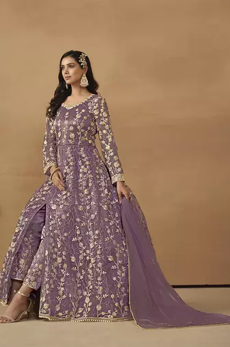 Net embroidered pant style suit in purple