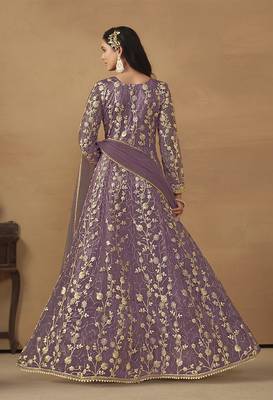 Net embroidered pant style suit in purple 3
