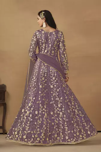 Net embroidered pant style suit in purple