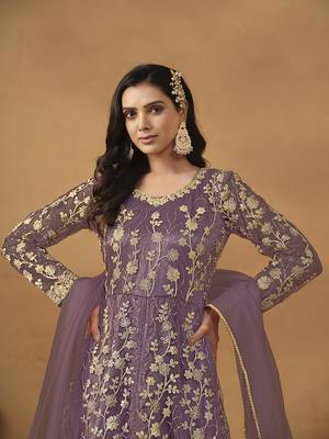 Net embroidered pant style suit in purple 4