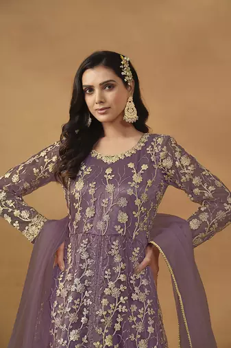 Net embroidered pant style suit in purple