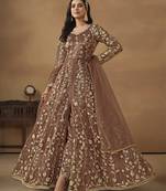 Net embroidered pant style suit in brown