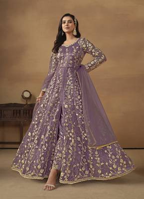 Net embroidered pant style suit in purple 1