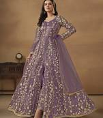 Net embroidered pant style suit in purple