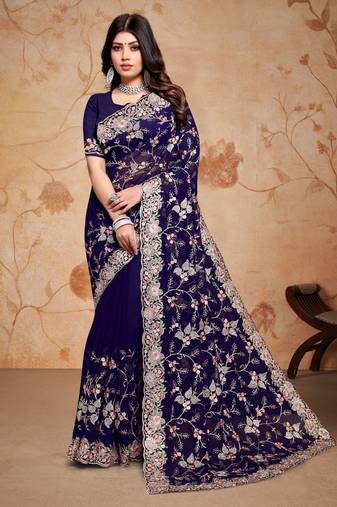 Navy blue resham zari embroidery work georgette saree