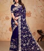 Navy blue resham zari embroidery work georgette saree