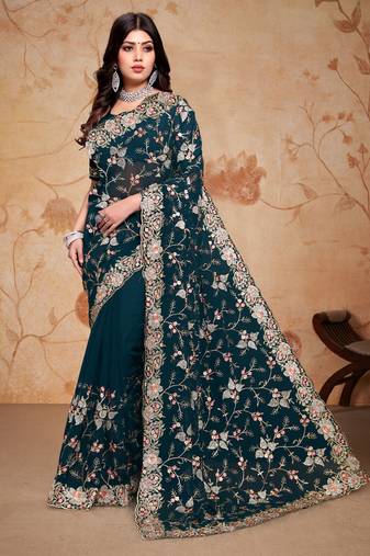 Teal blue resham zari embroidery work georgette saree
