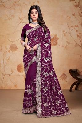 Wine resham zari embroidery work georgette saree 1