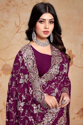 Wine resham zari embroidery work georgette saree 2