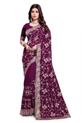 Wine resham zari embroidery work georgette saree 3