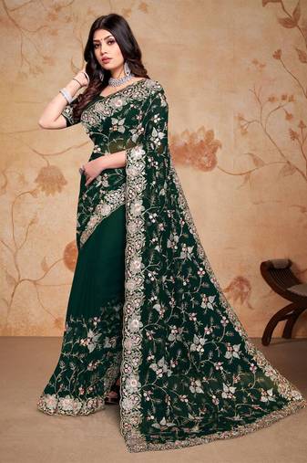 Bottle green resham zari embroidery work georgette saree