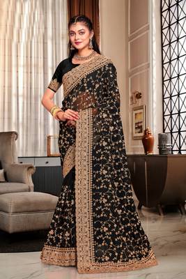 Black coding zarkan embroidery work georgette saree 1