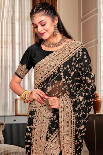 Black coding zarkan embroidery work georgette saree