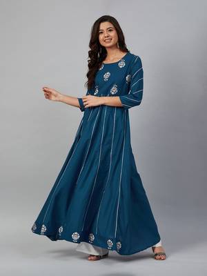Teal blue printed anarkali dress 1