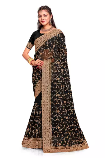 Black coding zarkan embroidery work georgette saree