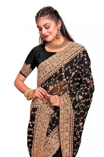 Black coding zarkan embroidery work georgette saree