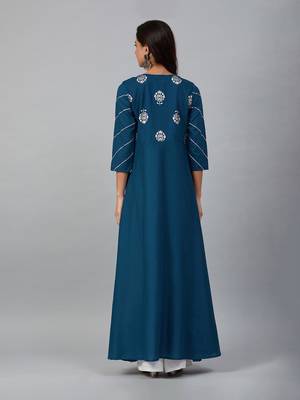 Teal blue printed anarkali dress 4